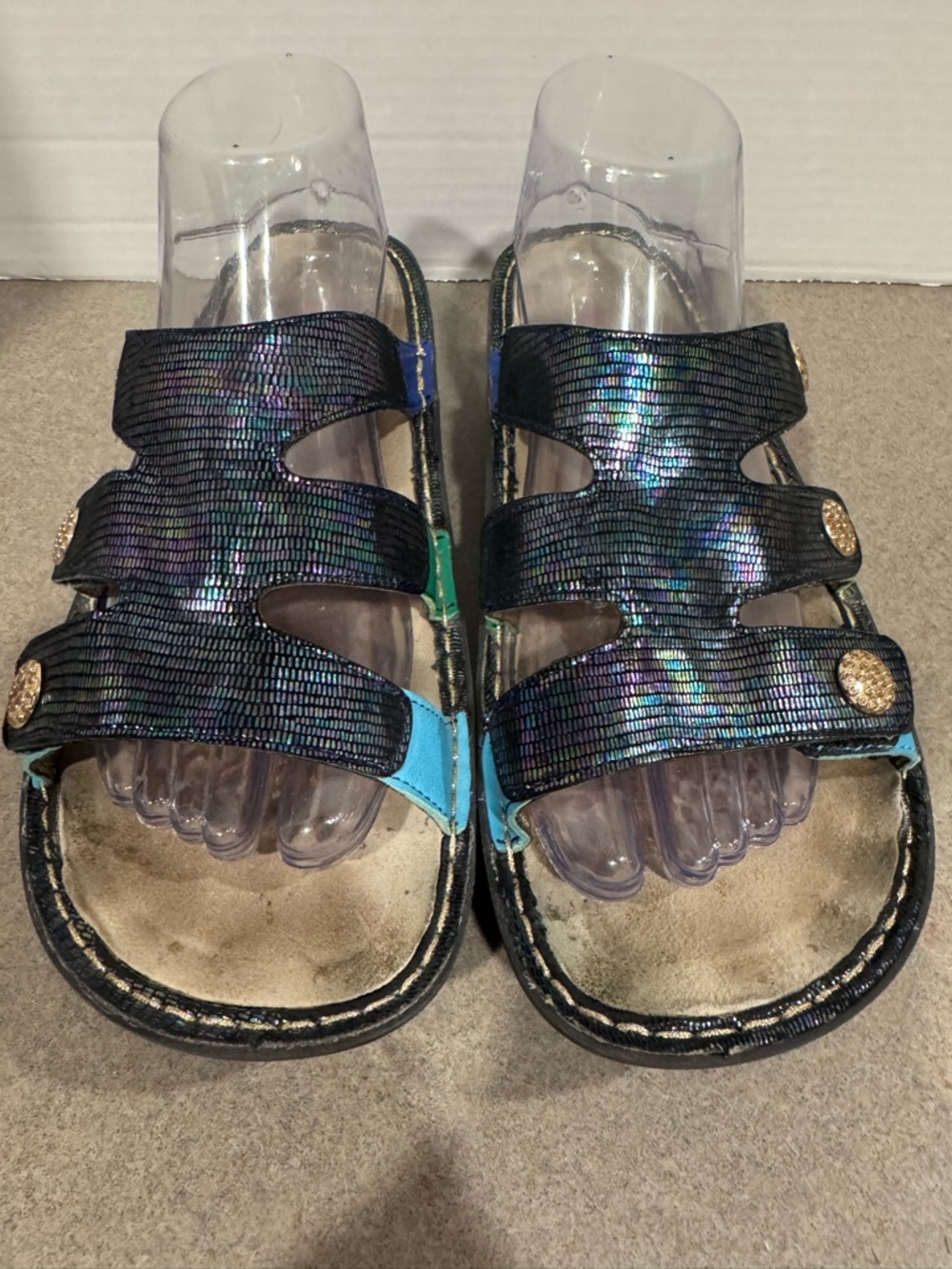 Alegria Venice Blue Green Slip-on Hook And Loop Metallic Iridescent Sandals